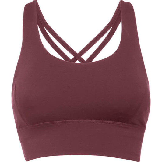 A maroon cropped tank top featuring a stylish crisscross strap design and a smooth finish. Includes branding.