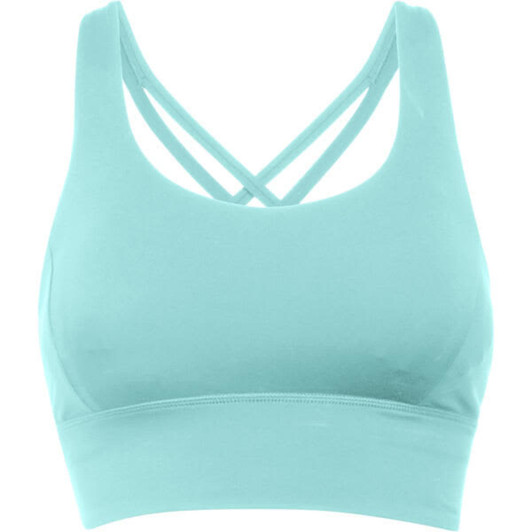 A mint green cropped tank top with a sporty design and crisscross straps on the back. It has a logo.