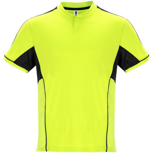 A sports uniform shirt in bright yellow with black accents and a short collar, featuring a logo.