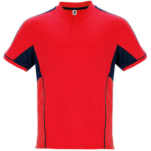 A sports uniform in red and navy, featuring short sleeves and a collar, with a logo on the front.