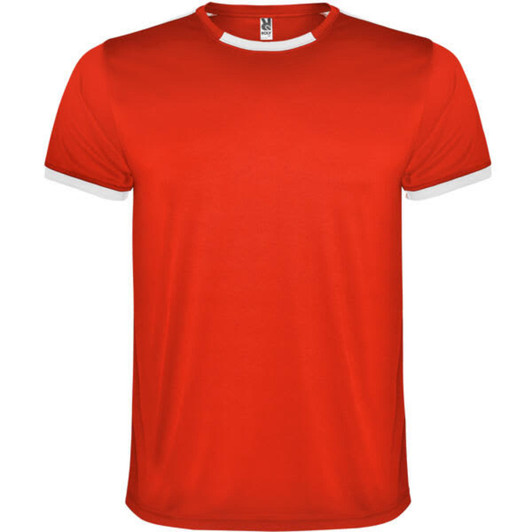 A red sports t-shirt with white accents, featuring a logo on the neckline. Suitable for various sports activities.