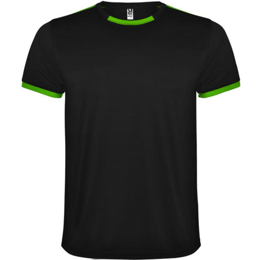 A black sports t-shirt with green accents on the collar and sleeves, featuring a logo.