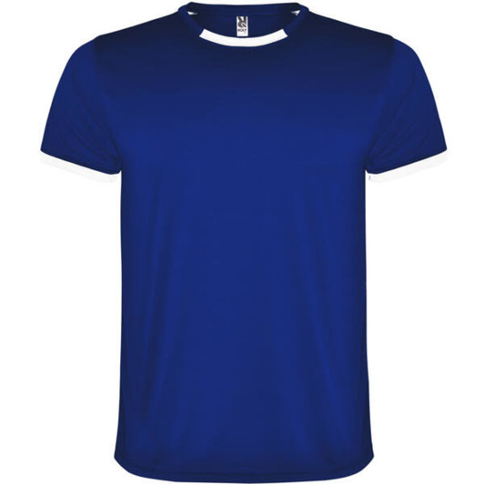 A blue sports shirt featuring a white collar and sleeves, made from a lightweight fabric, with a logo on the chest.