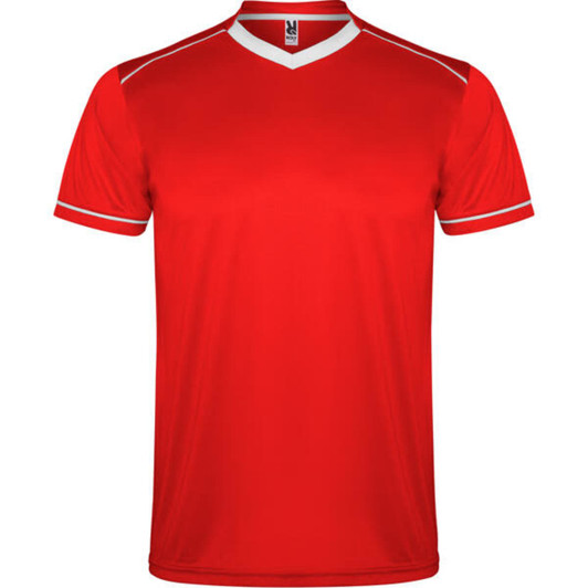A red sports uniform shirt with a V-neck and white trim, featuring a logo on the neckline.