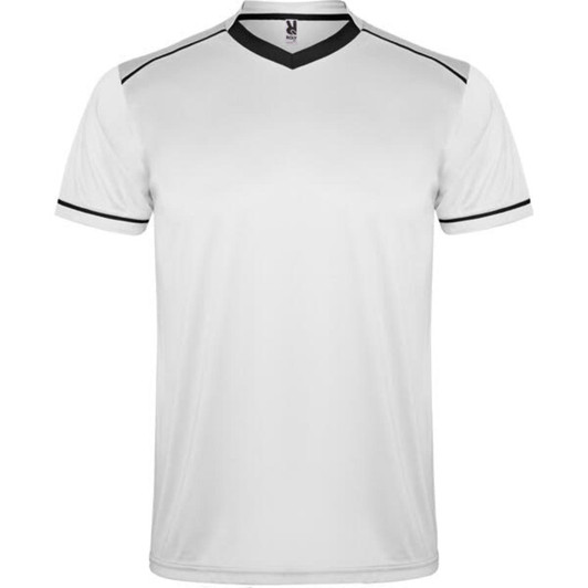 A white sports uniform t-shirt with black accents and a V-neck design. It features a logo on the front.