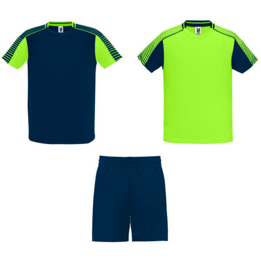 A sports uniform set featuring a navy blue and bright green T-shirt with matching shorts, including branding.