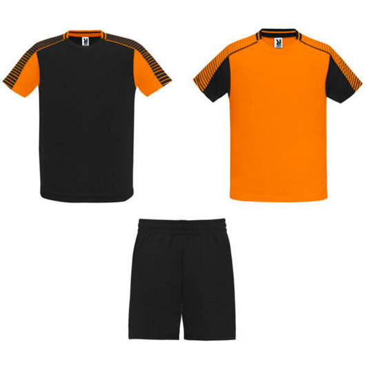 A sports uniform set featuring a black and orange short-sleeve top with matching black shorts. Includes branding.