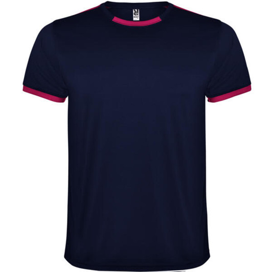 A navy blue sports shirt with contrasting pink trim on the collar and sleeves. It features a logo on the label.