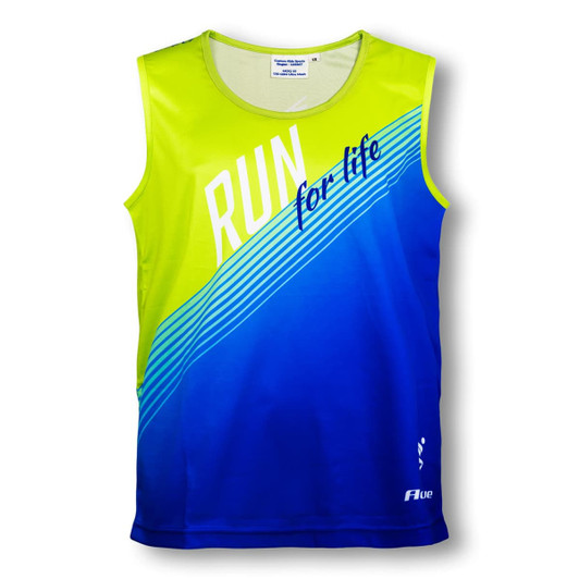 A sleeveless sports singlet in vibrant lime green and blue, featuring a logo and a bold design.
