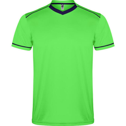 A green sports shirt with a V-neck and dark trim. The shirt features a logo on the front.