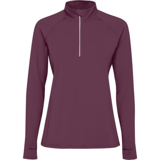 A women's half-zip sweatshirt in a rich burgundy colour, featuring long sleeves and a high collar.