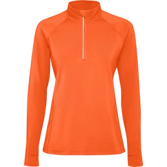An orange women's half zip sweatshirt with long sleeves and a zippered collar. It features a logo on the front.