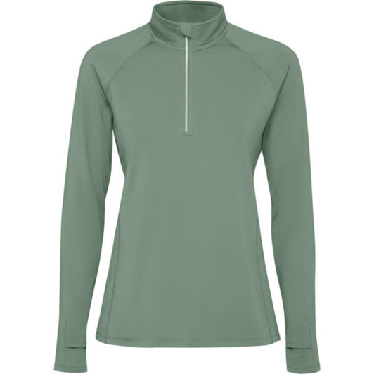 A women's half-zip sweatshirt in a muted green colour, featuring long sleeves and a collar. Includes a logo.