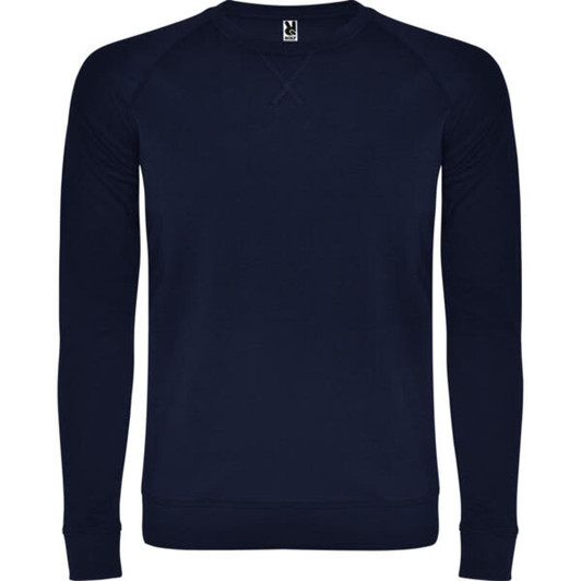 A navy sweatshirt with a ribbed crew neckline and long sleeves, featuring a logo on the inside neck.