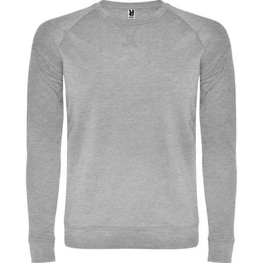 A grey sweatshirt with long sleeves and a crew neckline, featuring a logo on the label.