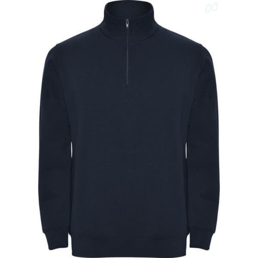A navy blue half zip sweatshirt with long sleeves and a high collar, featuring a small zip at the neck and a logo.