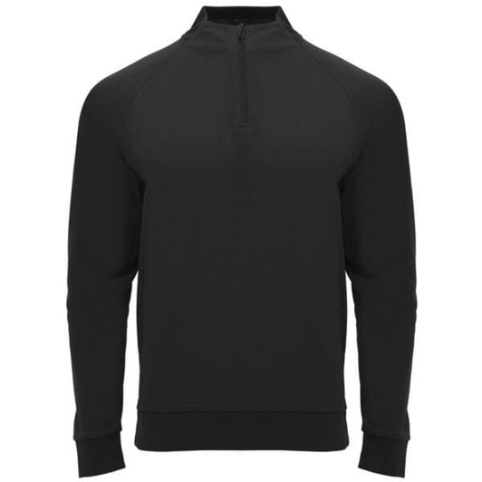 A black half zip sweatshirt with long sleeves and a ribbed hem, featuring a branded logo.