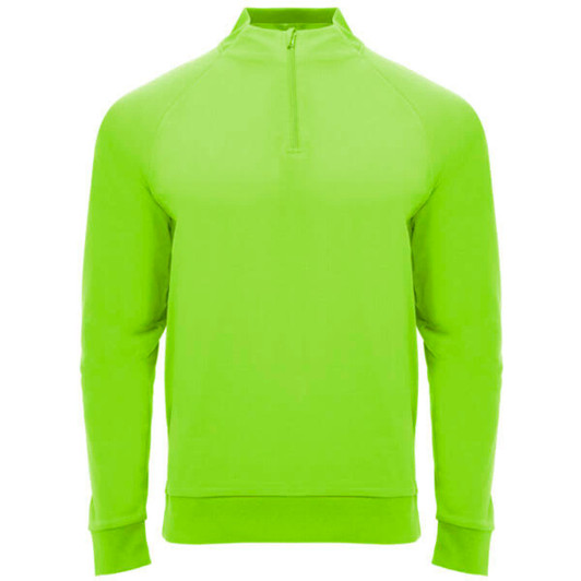 A bright green half zip sweatshirt featuring a logo, designed for youth.