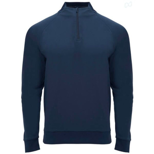 A navy blue half zip sweatshirt with a ribbed hem and cuffs, featuring a logo on the chest.