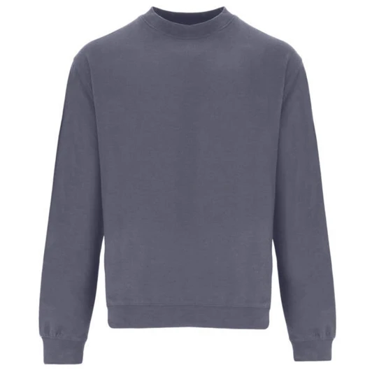 A grey sweatshirt with long sleeves and a round neck, featuring a simple design and a logo.