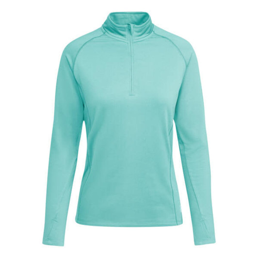 A mint green women's sweatshirt with a quarter zip and long sleeves, featuring a logo on the chest.