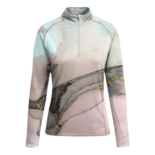 A women's polar fleece sweatshirt in pastel colours with an abstract design and a zip collar. Features a logo.