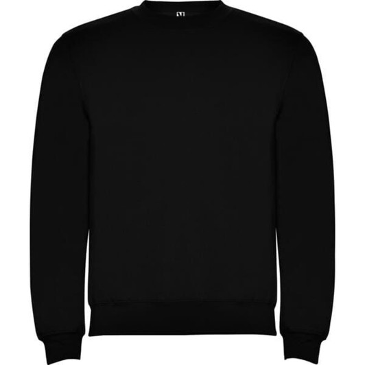 A plain black sweatshirt with a crew neckline and ribbed cuffs. It features a logo on the front.