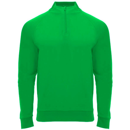 A green half zip sweatshirt with long sleeves, featuring a sleek design and a logo.