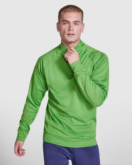 A green half zip sweatshirt with a high collar and long sleeves, featuring a logo.