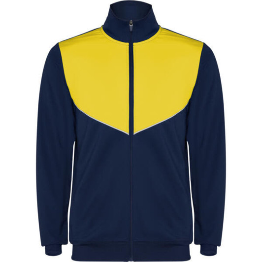 A navy and yellow Evans Lightweight Tracksuit jacket with a zip front, designed with a sporty look and logo.