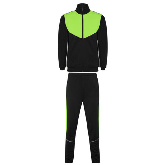 A lightweight tracksuit featuring a black base with vibrant green accents, including a track jacket and matching pants.