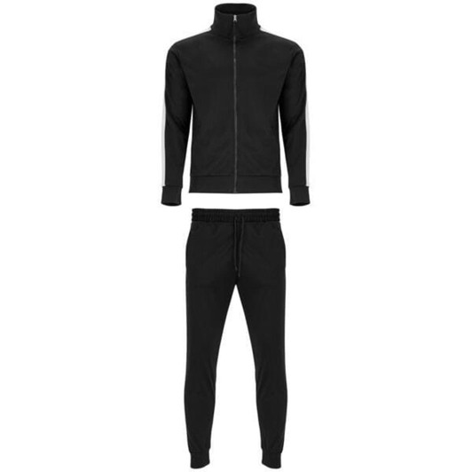 A black tracksuit featuring a zip-up jacket and tapered pants, designed for comfort and style. Includes a logo.