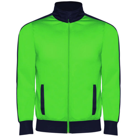 A bright green tracksuit jacket with navy blue accents and a zip front, featuring side pockets and a collar.