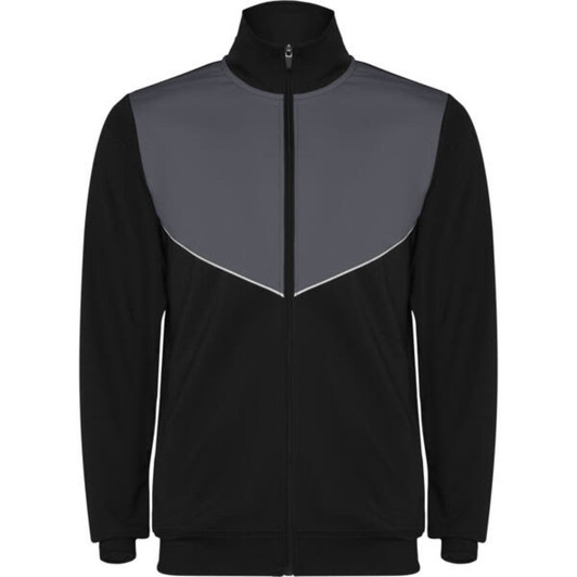 A black tracksuit jacket with a grey upper panel and a zip front. It features a branding logo.