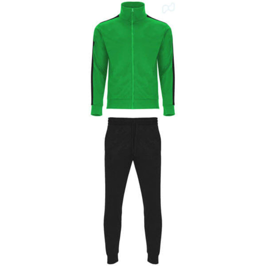 A green tracksuit jacket with black stripes along the sleeves, paired with black tracksuit trousers.