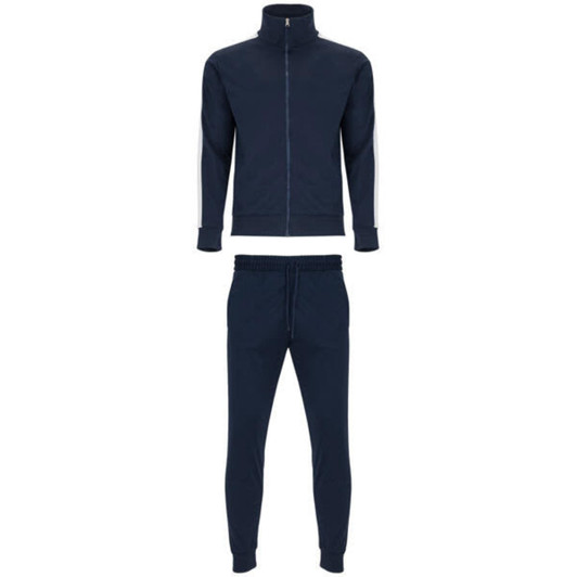 A navy tracksuit featuring a zip-up jacket with a high collar and matching tapered trousers. Branding is present.