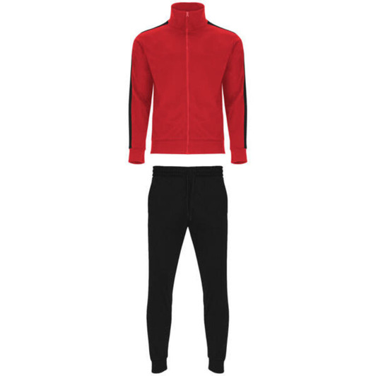 A red track jacket with black stripes alongside matching black track pants. Features a logo on the jacket.