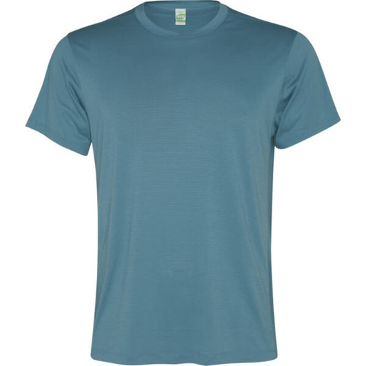 A blue t-shirt with short sleeves and a round neckline, featuring a tag inside, and a logo on the front.
