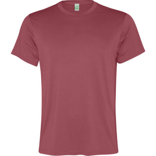 A maroon t-shirt with a classic crew neck and short sleeves. It features a label inside but no visible branding.
