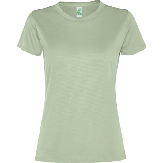 A light green women's T-shirt with a classic crew neckline and short sleeves, featuring a logo.