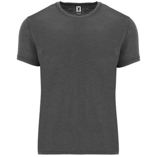 A grey short-sleeved t-shirt with a round neck and a branding logo.