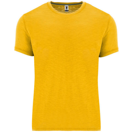 A bright yellow T-shirt with short sleeves and a plain design, featuring a small logo on the tag.