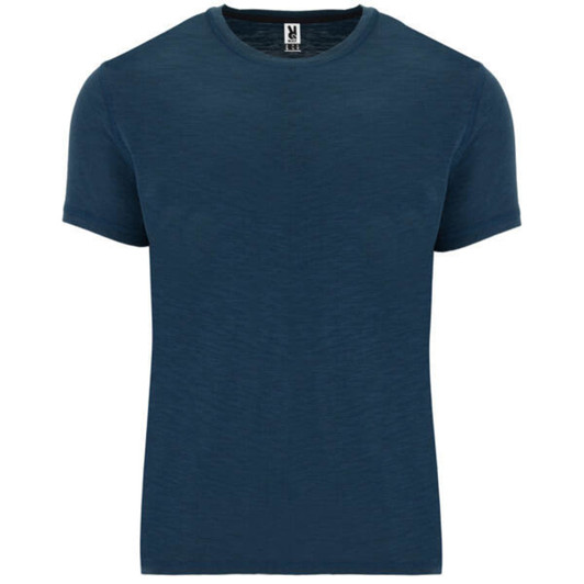 A navy blue t-shirt with a round neck and short sleeves, featuring a logo on the label.