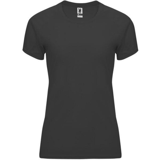 A black women's t-shirt featuring a fitted style and short sleeves. The shirt has a logo at the neckline.