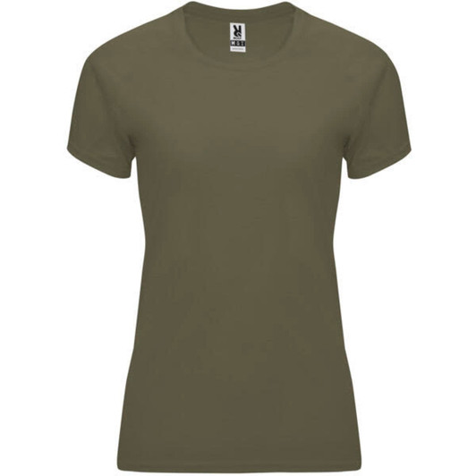 An olive green women's T-shirt with a fitted silhouette and short sleeves. The shirt features a logo.