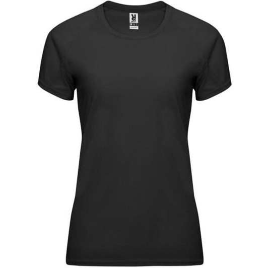 A black women's t-shirt with short sleeves, featuring a logo on the label.