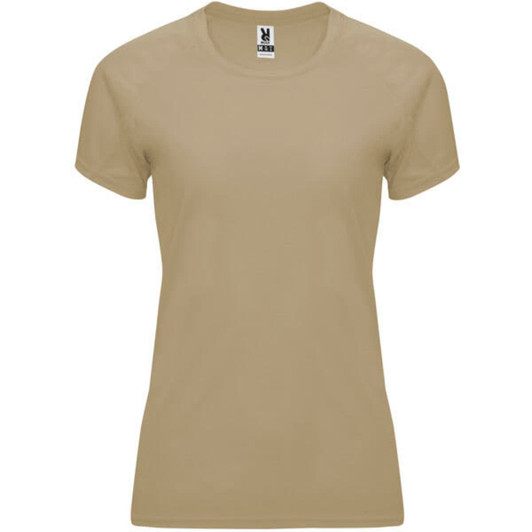 A beige women's T-shirt with a round neckline and short sleeves, featuring a logo on the label.