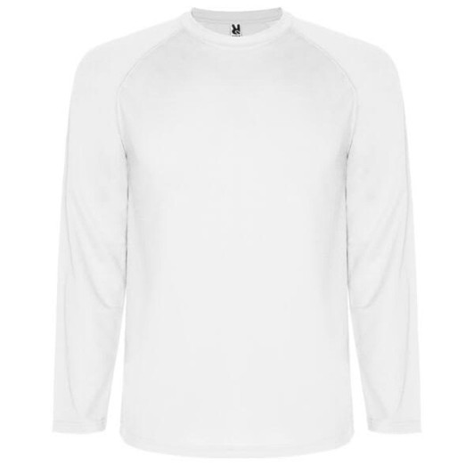 A white long-sleeved T-shirt with a logo on the collar and raglan sleeves.