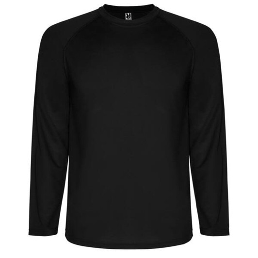 A black long-sleeved T-shirt with a round neckline and raglan sleeves. It features a logo on the upper front.