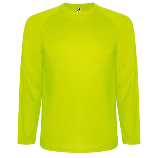 A long-sleeved t-shirt in bright lime green, featuring a round neck and raglan sleeves. It has a branding logo.